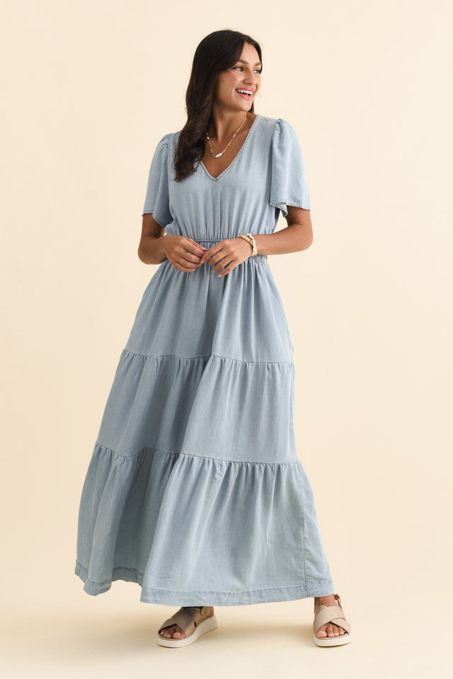 Luca Light Blue Tencel Tier Dress,Brunette model,alt text|model:Brontie image 8
