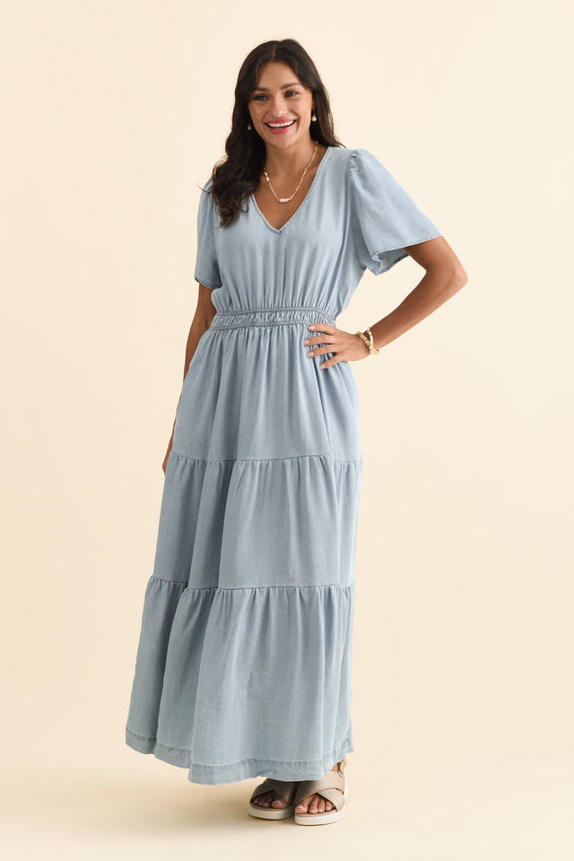 Luca Light Blue Tencel Tier Dress,Brunette model,alt text|model:Brontie image 4