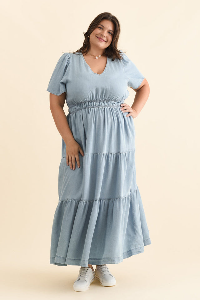 Luca Light Blue Tencel Tier Dress,Brunette model,alt text|model:Gabby image 10