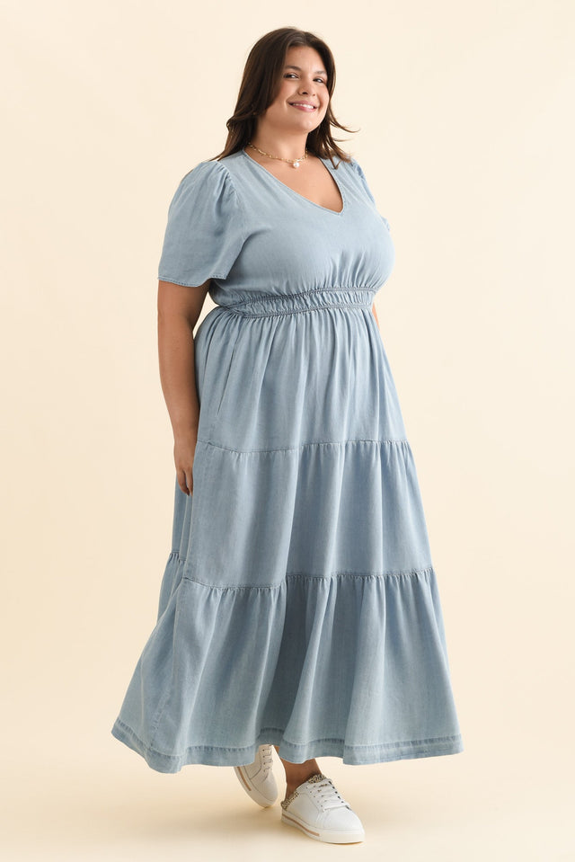 Luca Light Blue Tencel Tier Dress,Brunette model,alt text|model:Gabby image 11