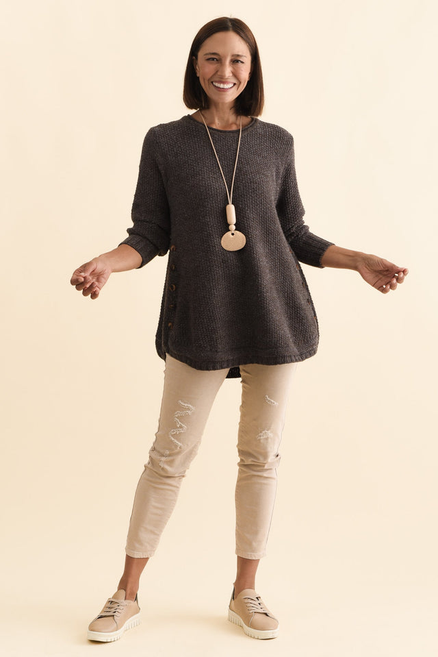 Lucas Chocolate Knit Button Jumper,Brunette model,alt text|model:Cara image 4