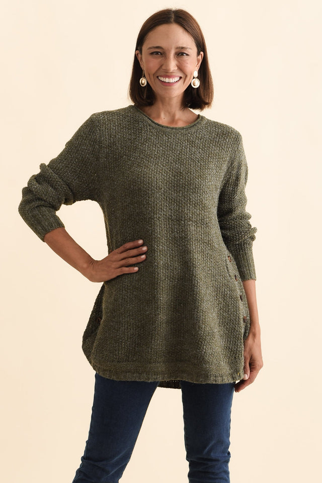 Lucas Khaki Knit Button Jumper,Brunette model,alt text|model:Cara