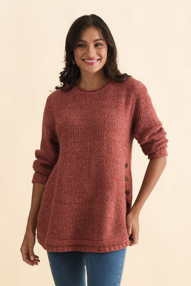 Lucas Rust Knit Button Jumper,Brunette model,alt text|model:Brontie