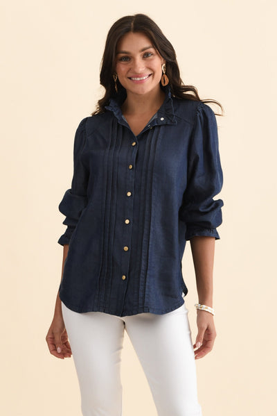 Lucille Dark Blue Lyocell Pleated Shirt