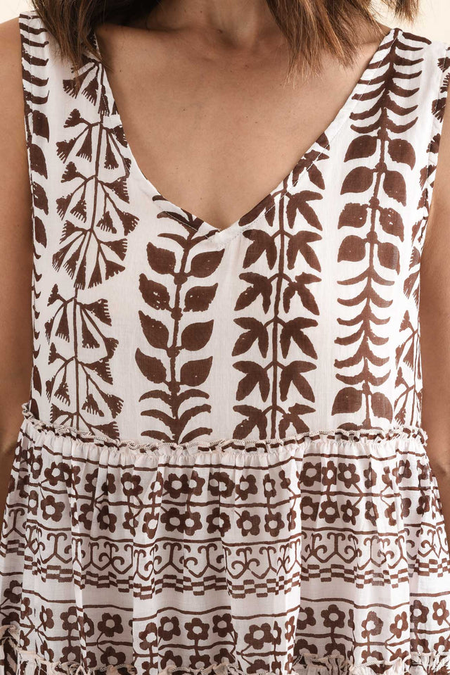 Lucky Chocolate Fern Cotton Sleeveless Dress,Detail,Brunette model,alt text|model:Cara image 5