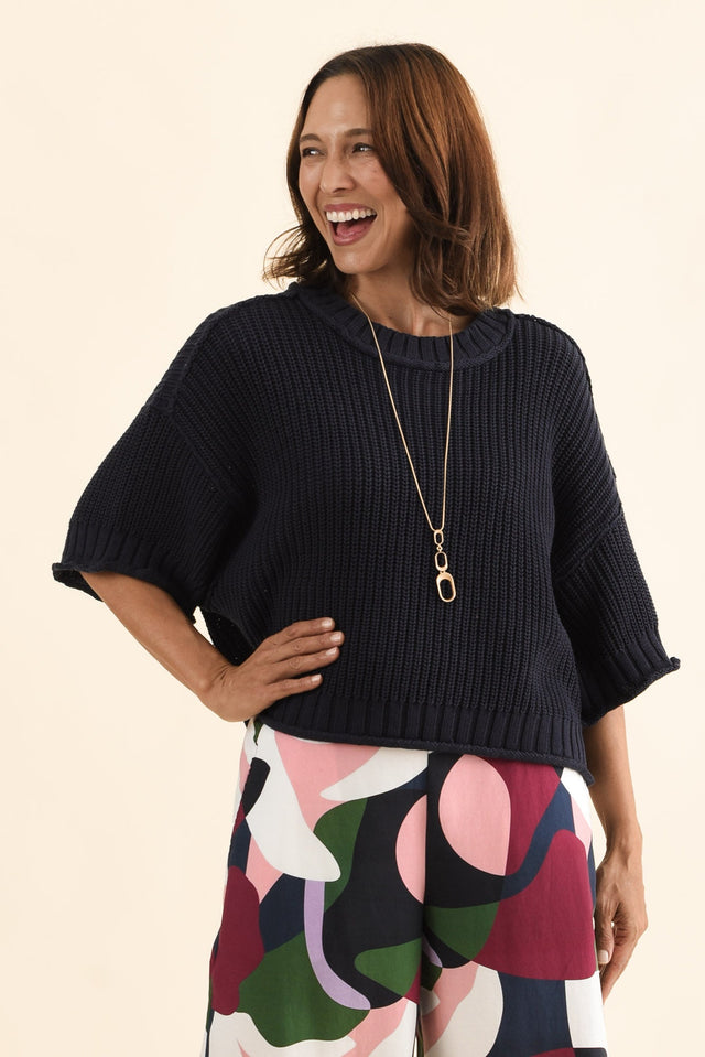 Luela Navy Half Sleeve Knit Jumper,Front,Brunette model,alt text|model:Cara