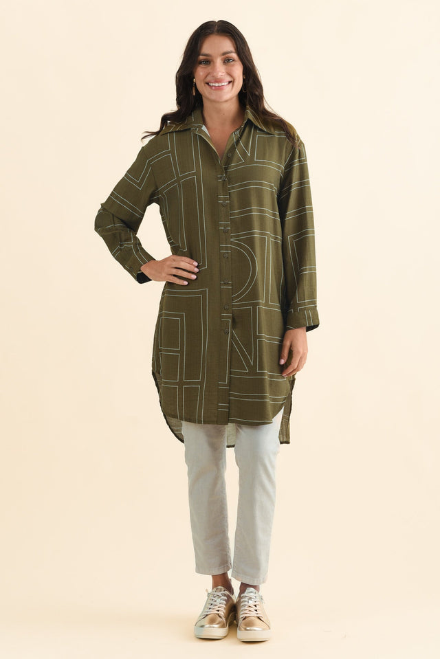 Luke Khaki Abstract Collared Tunic,Brunette model,alt text|model:Brontie image 7