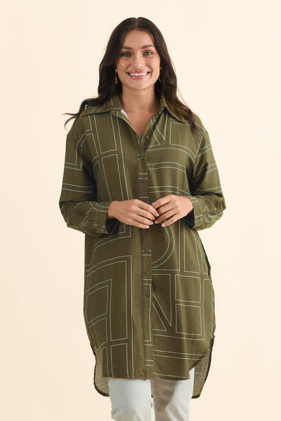 Luke Khaki Abstract Collared Tunic