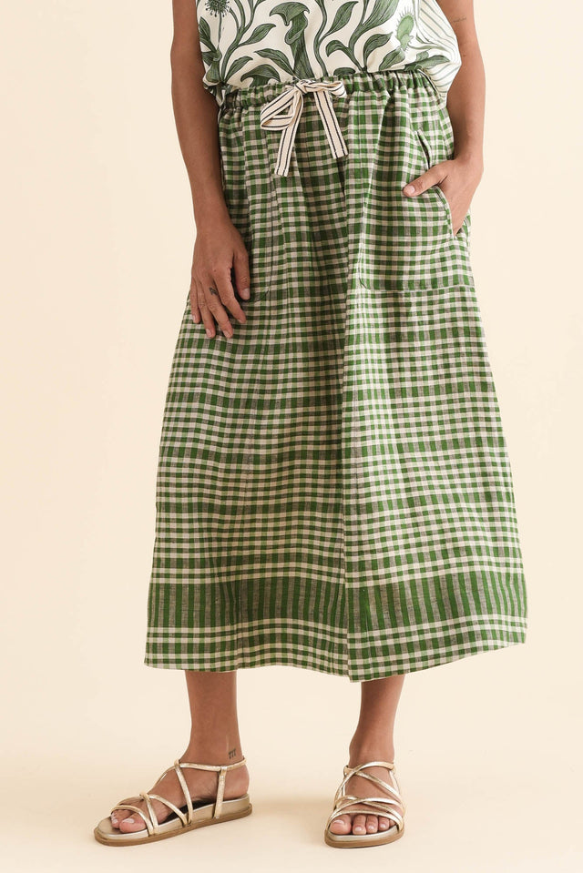 Lume Green Check Linen Maxi Skirt,Front,Brunette model,alt text|model:Brontie