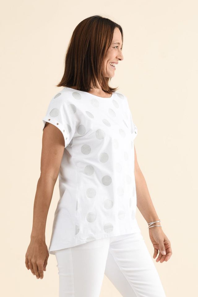 Lumi White Foil Spot Cotton Tee,brunette model,Side of Outfit,alt text|model:Cara image 3