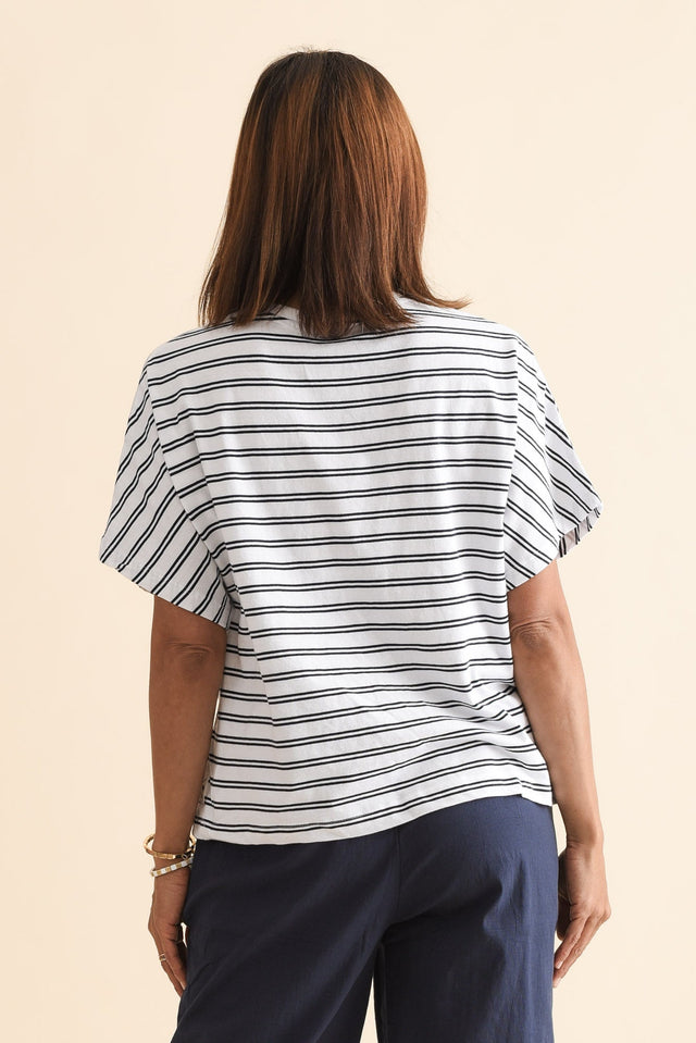 Luna Navy Stripe Cotton Tee,Back,Brunette model,alt text|model:Cara image 4