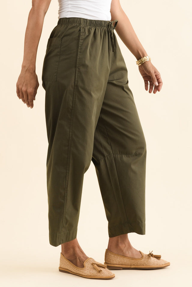 Lund Khaki Barrel Drawstring Pants,Side,Brunette model,alt text|model:Cara image 3