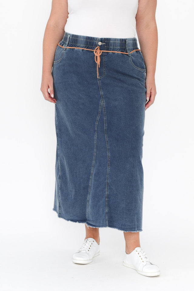 Lusia Dark Blue Denim Tie Skirt,Blonde model,plus-size,curve-bottoms,plus-size-skirts,alt text|model:Caitlin