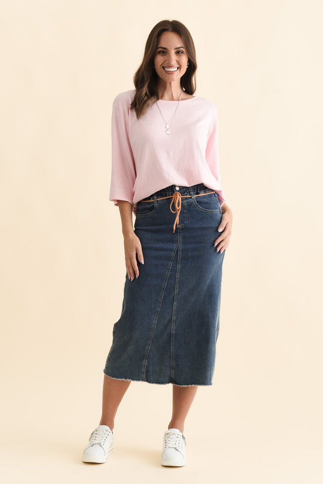 Lusia Dark Blue Denim Tie Skirt,Brunette model,alt text|model:MJ image 8