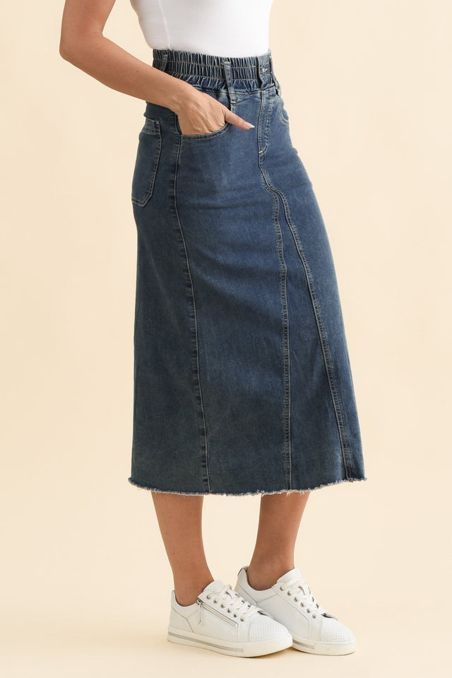 Lusia Dark Blue Denim Tie Skirt,Brunette model,alt text|model:MJ image 4