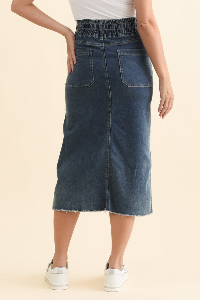 Lusia Dark Blue Denim Tie Skirt,Brunette model,alt text|model:MJ image 5