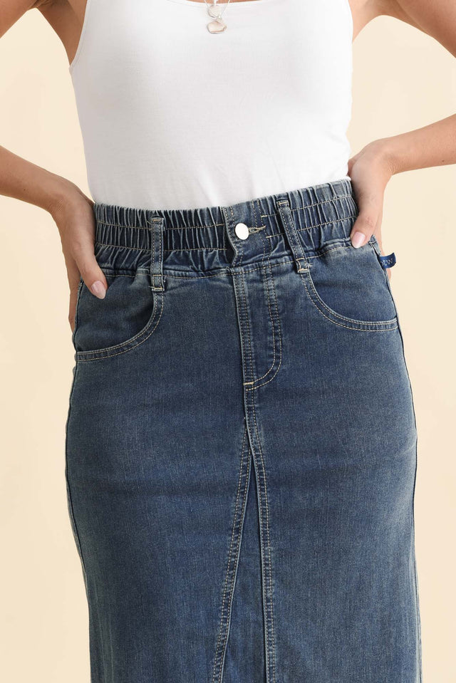 Lusia Dark Blue Denim Tie Skirt,Brunette model,alt text|model:MJ image 6