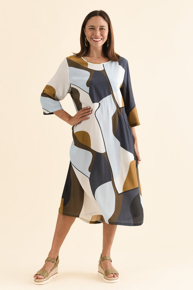 Lydia Navy Abstract Crescent Pocket Dress,Full Body,Brunette model,alt text|model:Cara