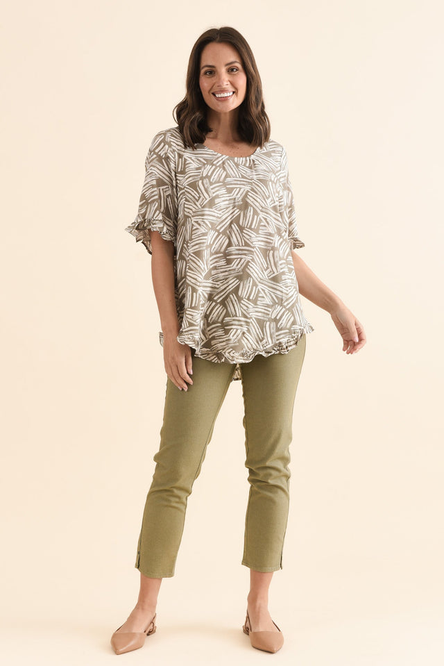 Lyndon Khaki Leaf Frill Sleeve Top,Full Body,Brunette model,alt text|model:MJ
