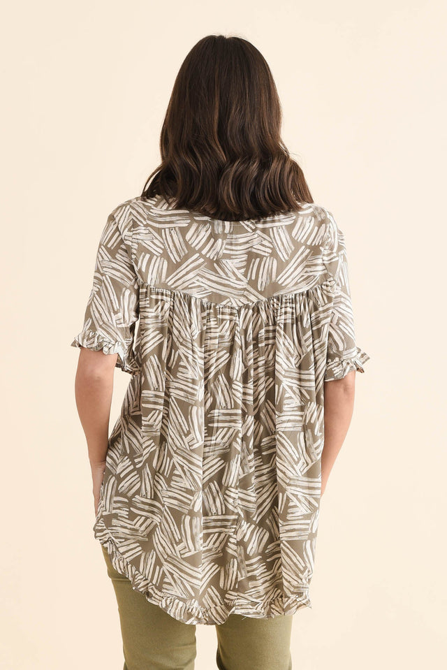 Lyndon Khaki Leaf Frill Sleeve Top,Back,Brunette model,alt text|model:MJ image 4