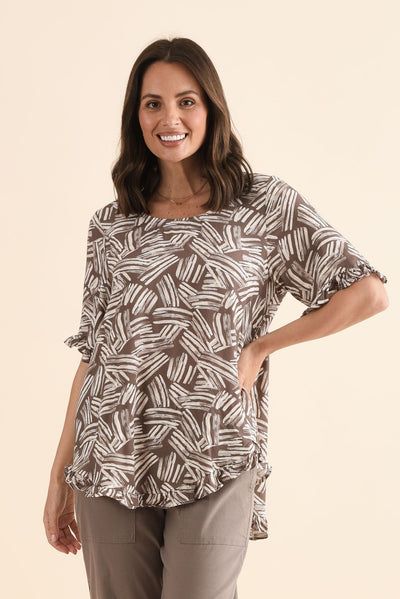 Lyndon Mocha Leaf Frill Sleeve Top
