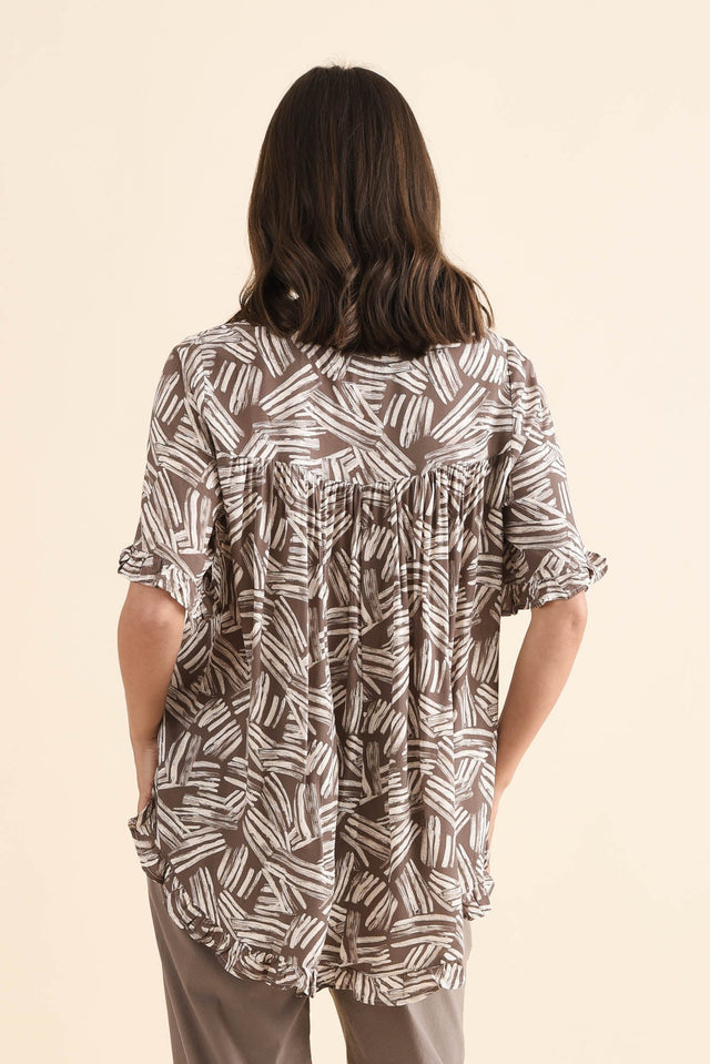 Lyndon Mocha Leaf Frill Sleeve Top,Back,Brunette model,alt text|model:MJ image 4