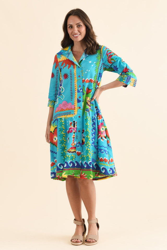 Lynwood Blue Mosaic Cotton Tie Dress,Front,Brunette model,alt text|model:MJ image 1