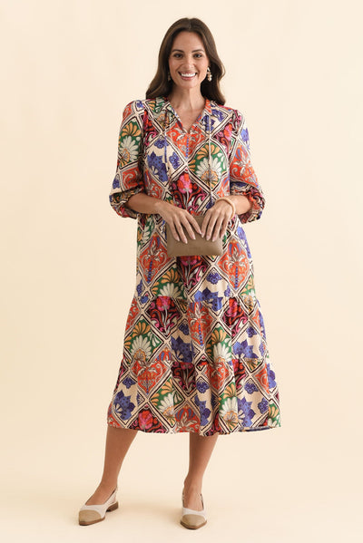 Lyon Orange Tile Sleeved Dress