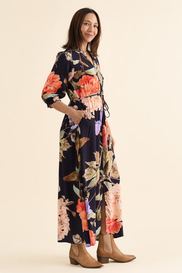 Lyria Navy Floral Tie Dress,brunette model,Side of Outfit,alt text|model:Cara image 3