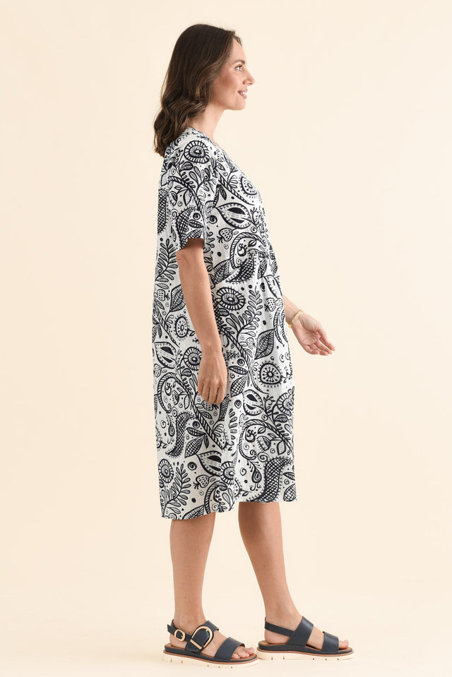 Mackie Navy Fern Cotton Pocket Dress,Side,Brunette model,alt text|model:MJ image 3