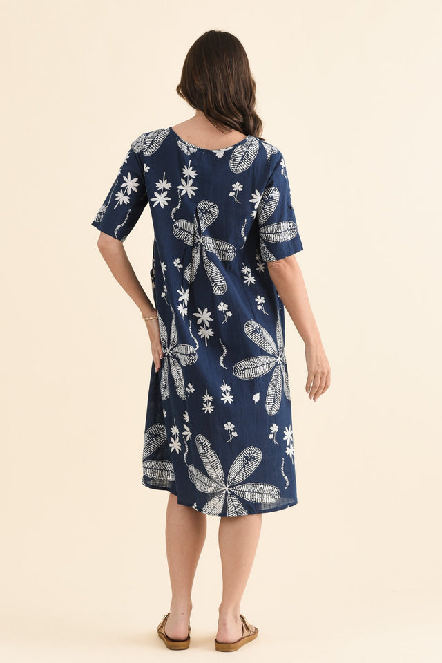 Mackie Navy Flower Cotton Pocket Dress,Back,Brunette model,alt text|model:MJ image 4