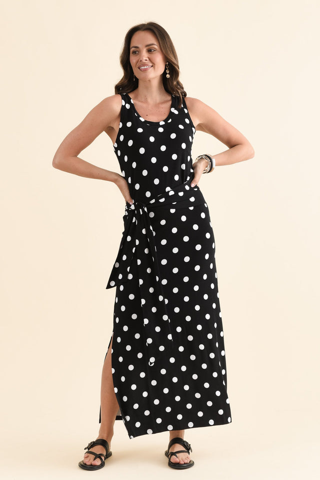 Macy Black Spot Bamboo Maxi Tie Dress,Full Body,Brunette model,alt text|model:MJ image 2