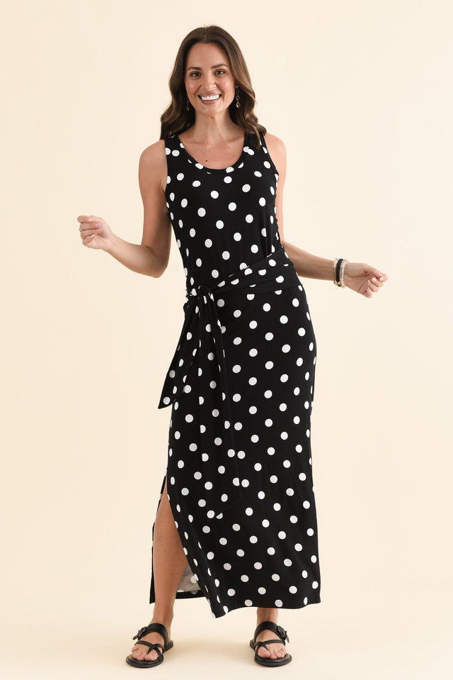 Macy Black Spot Bamboo Maxi Tie Dress,Full Body,Brunette model,alt text|model:MJ image 6