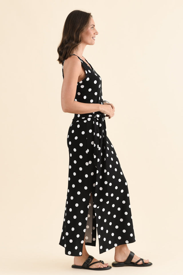 Macy Black Spot Bamboo Maxi Tie Dress,Side,Brunette model,alt text|model:MJ image 3