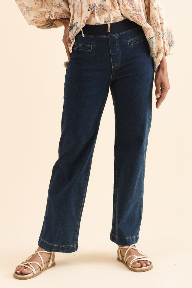 Maddy Dark Blue Straight Leg Jeans,Front,Brunette model,alt text|model:Cara