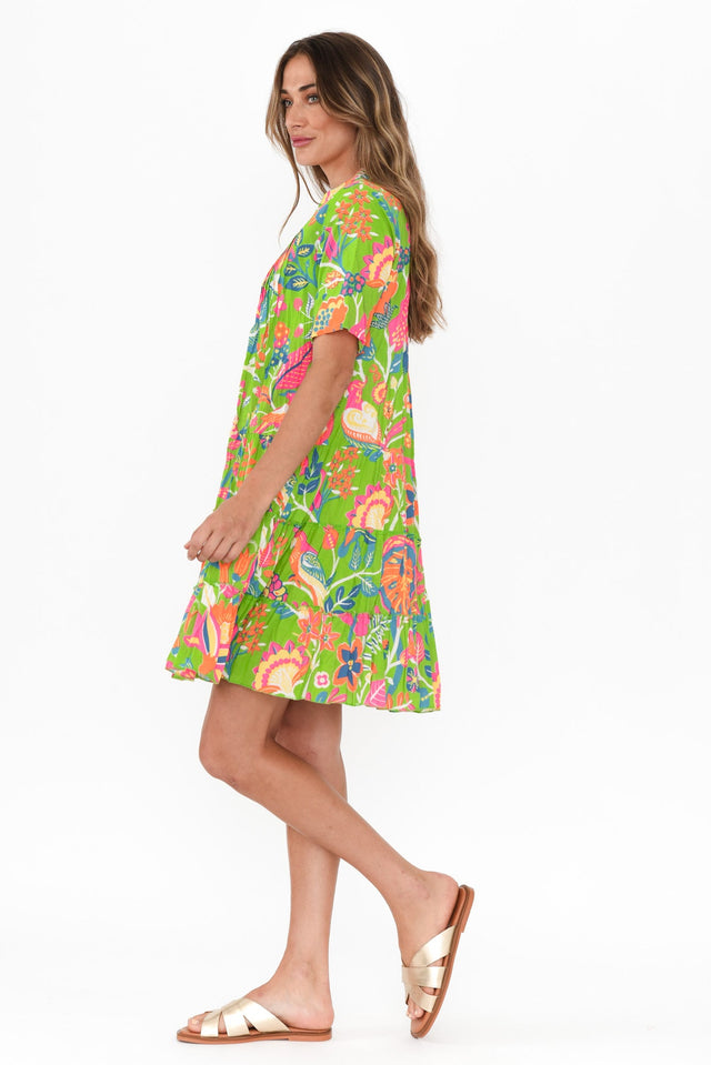 Madurai Green Floral Cotton Pleated Dress,Brunette model,alt text|model:Johanna image 4
