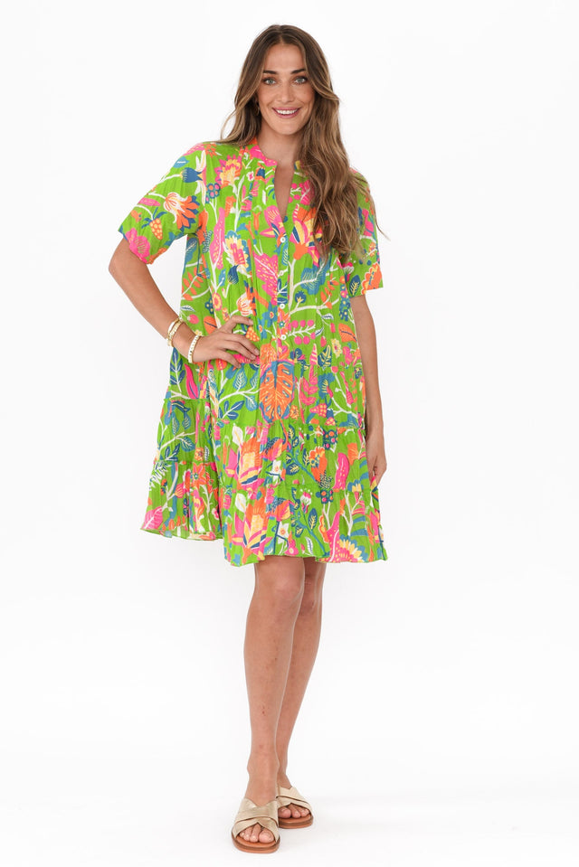 Madurai Green Floral Cotton Pleated Dress,Brunette model,alt text|model:Johanna image 1
