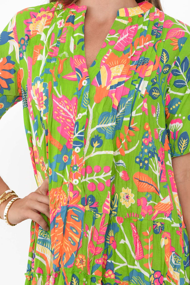 Madurai Green Floral Cotton Pleated Dress,Brunette model,alt text|model:Johanna image 6