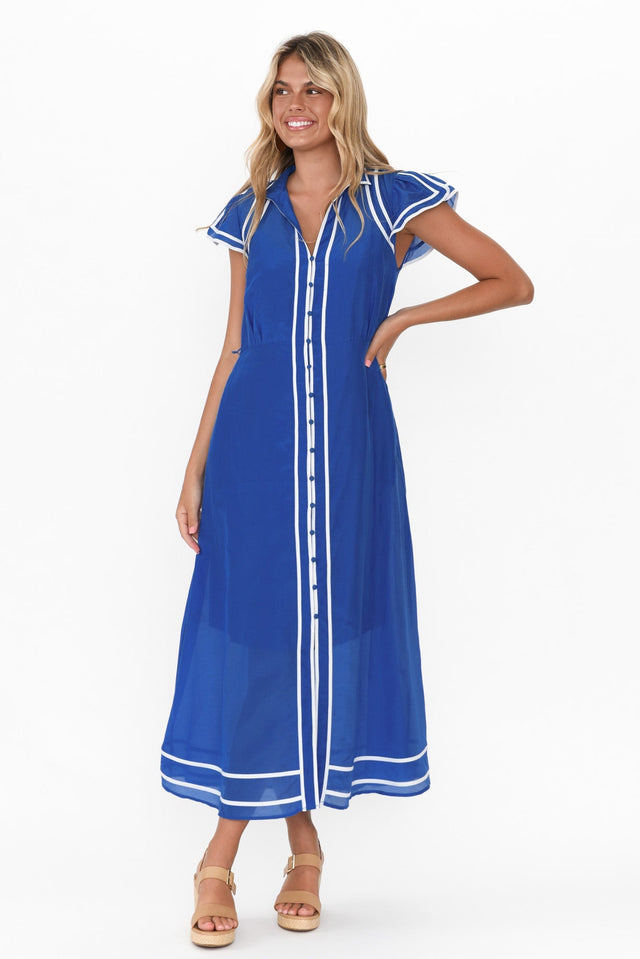 Panama Azure Blue Cotton Maxi Dress,Blonde model,alt text|model:Imogen