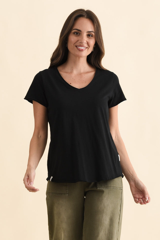 Maggie Black Cotton Vee Tee,Brunette model,alt text|model:MJ image 1