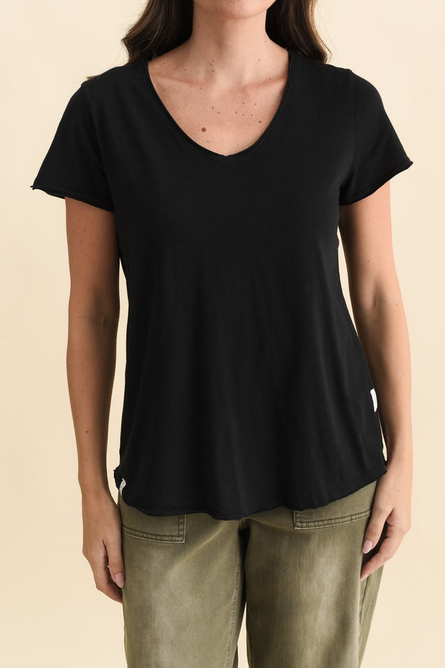 Maggie Black Cotton Vee Tee,Brunette model,alt text|model:MJ image 6
