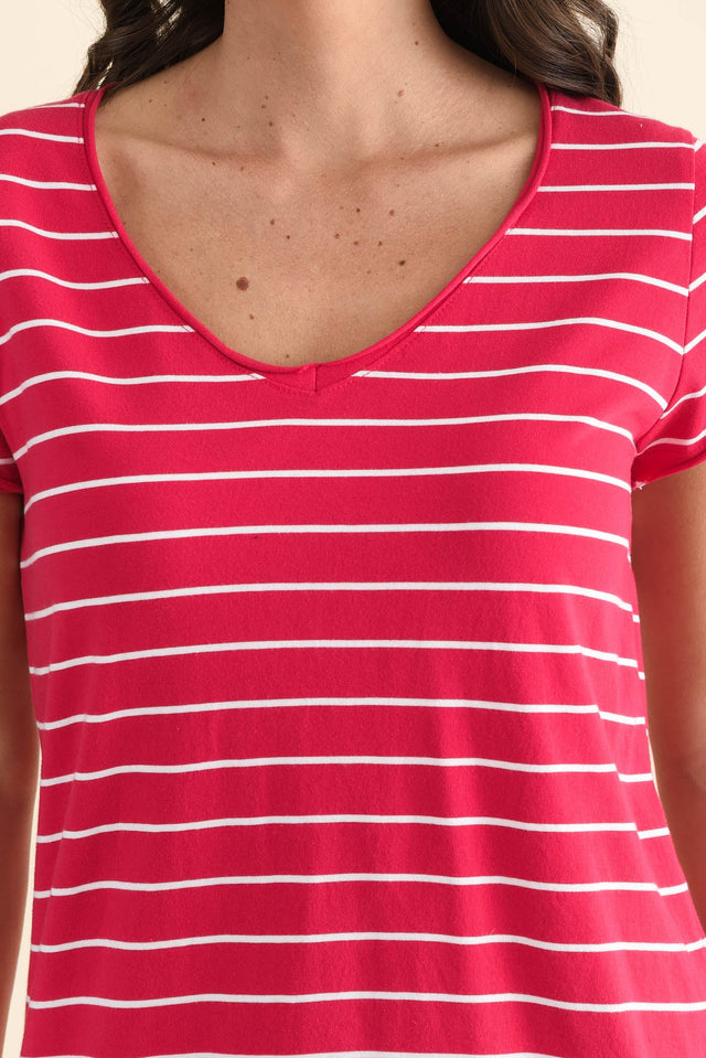 Maggie Fuchsia Stripe Cotton Vee Tee,brunette model,Close up of outfit,alt text|model:MJ image 5