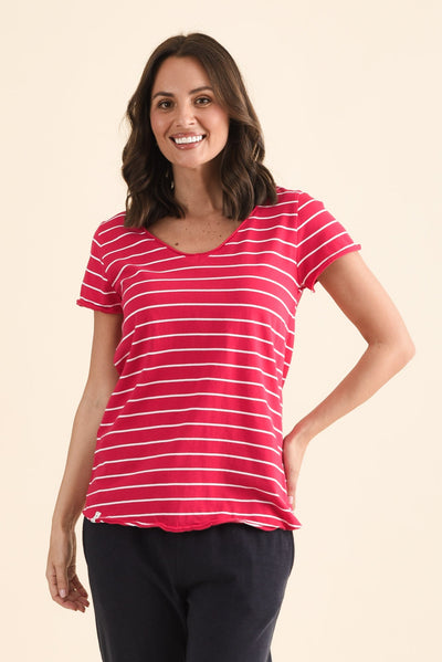 Maggie Fuchsia Stripe Cotton Vee Tee