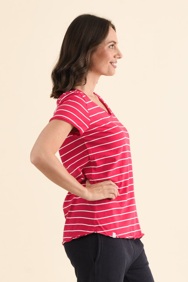 Maggie Fuchsia Stripe Cotton Vee Tee,brunette model,Side of Outfit,alt text|model:MJ image 3