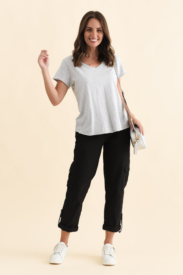 Maggie Grey Cotton Vee Tee,Brunette model,alt text|model:MJ image 3