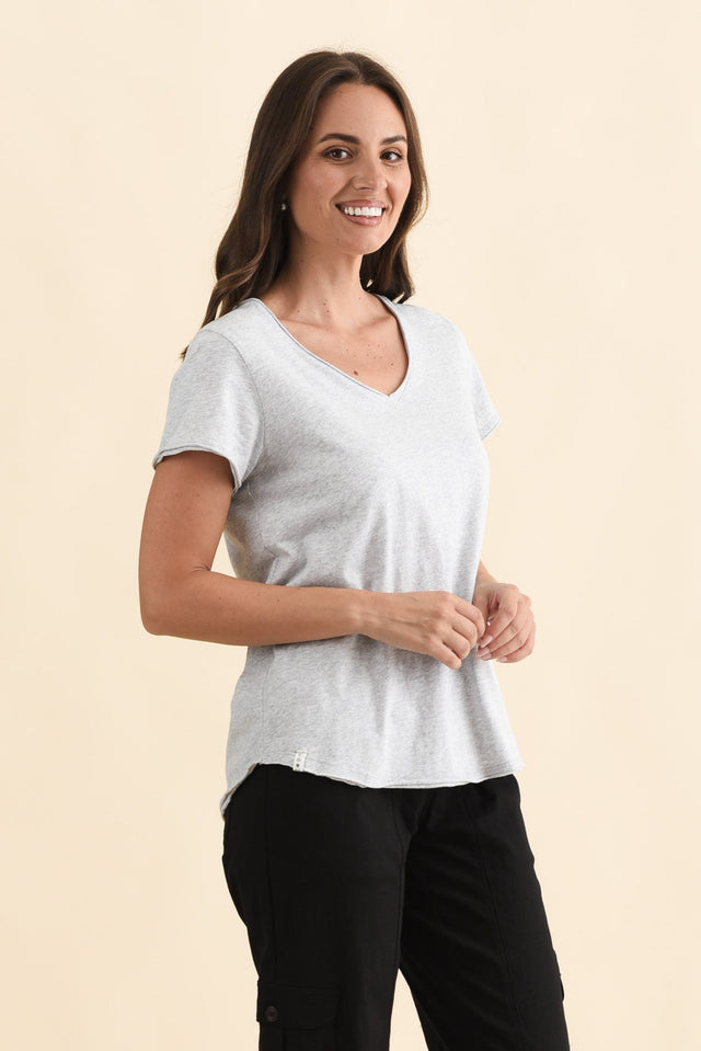 Maggie Grey Cotton Vee Tee,Brunette model,alt text|model:MJ image 4