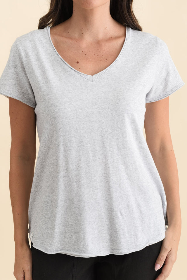 Maggie Grey Cotton Vee Tee,Brunette model,alt text|model:MJ image 6