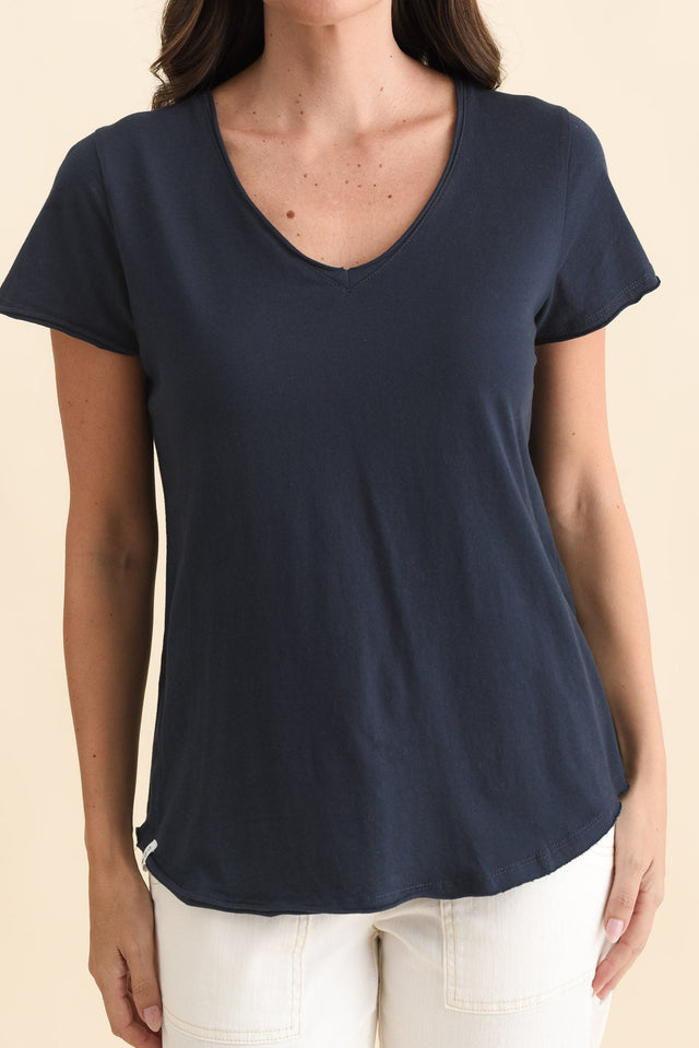Maggie Navy Cotton Vee Tee,Brunette model,alt text|model:MJ image 6