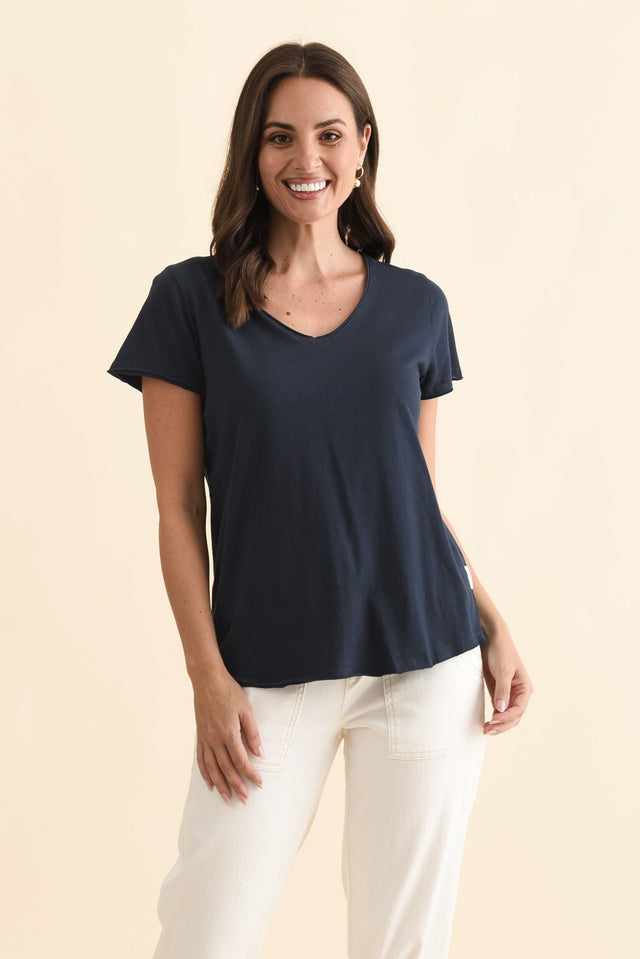 Maggie Navy Cotton Vee Tee,Lifestyle