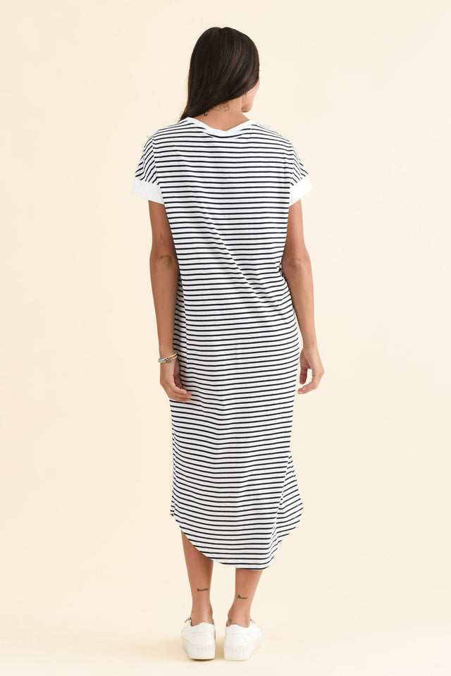 Maggie Navy Stripe Cotton T-Shirt Dress,Back,Brunette model,alt text|model:Brontie image 4